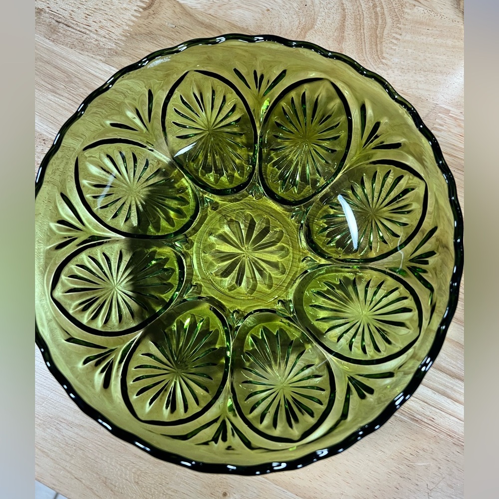 Anchor Hocking Avocado Green Pressed Glass Decorative Bowl - Vintage